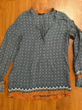 Massimo Dutti 100% Silk Top Lightweight Blue Patterned Shirt